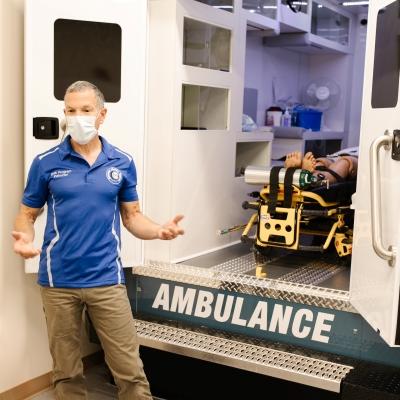 Students practice real-world situations using a full-size classroom ambulance simulator